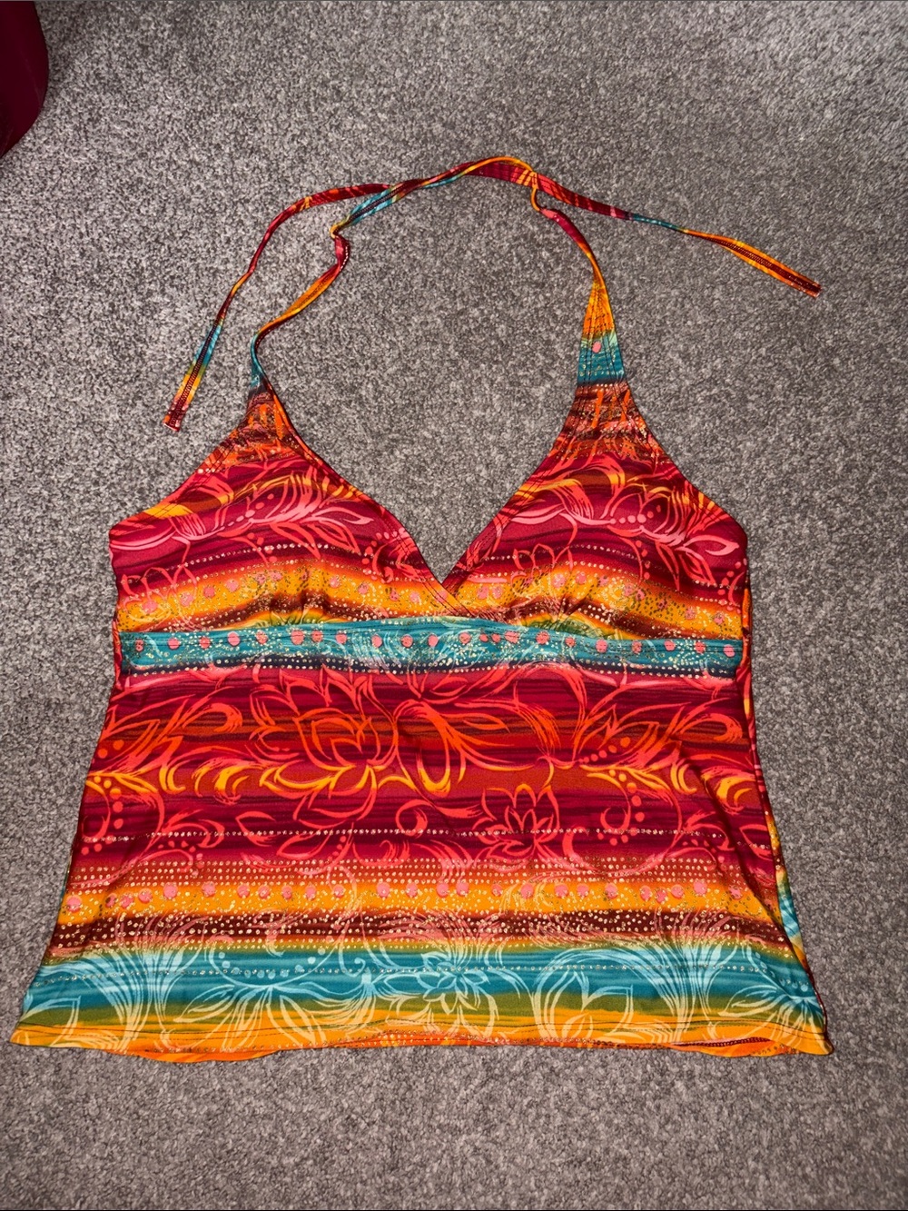 Christina - Halter V-Neck Strappy Tank Top - Multicolor (Red & Teal)